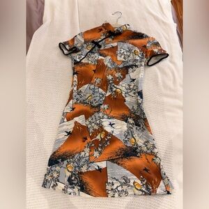 Floral Mountain Print Short Dress in Burnt Orange and Gray